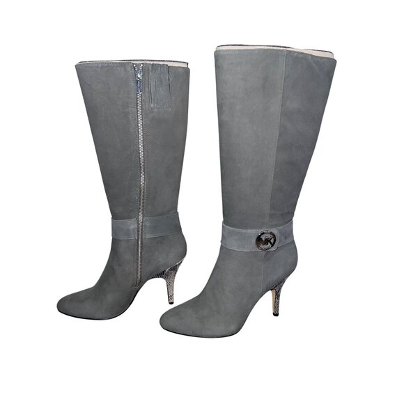 NIB Michael Kors Caroline Boots 9M Dark Slate Suede Leather Knee High MK Logo - Picture 5 of 14